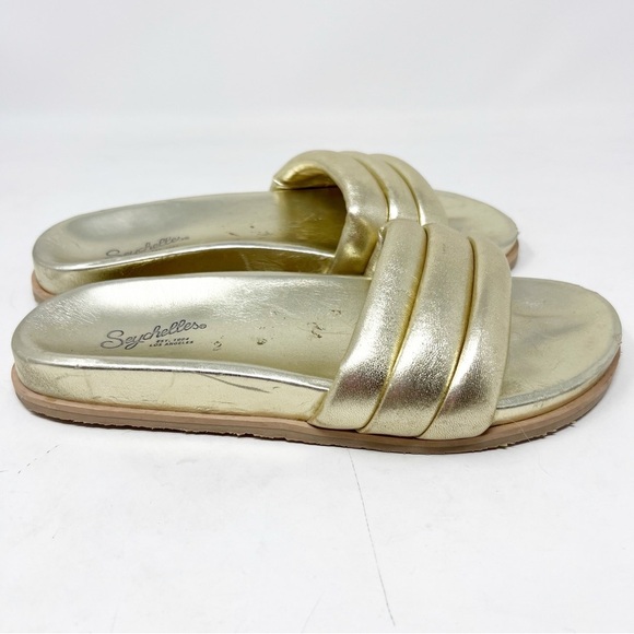 SEYCHELLES GOLD METALLIC SLIDES SLIP ON SANDALS WOMENS SZ 7 - Picture 1 of 9